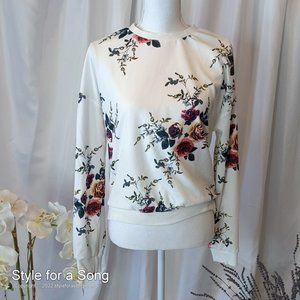 White Pink Mauve Rose Floral Print Sweatshirt M